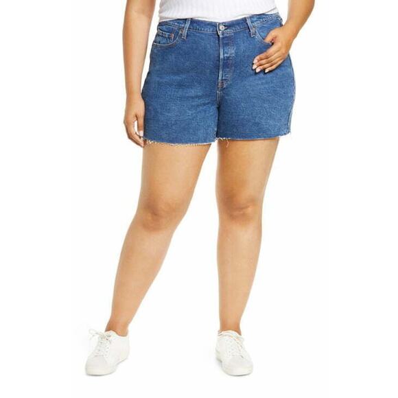 Levis 501 Red Tab Denim Shorts Womens Plus Size 22 High Rise Button Fly Cut Off - Picture 4 of 7